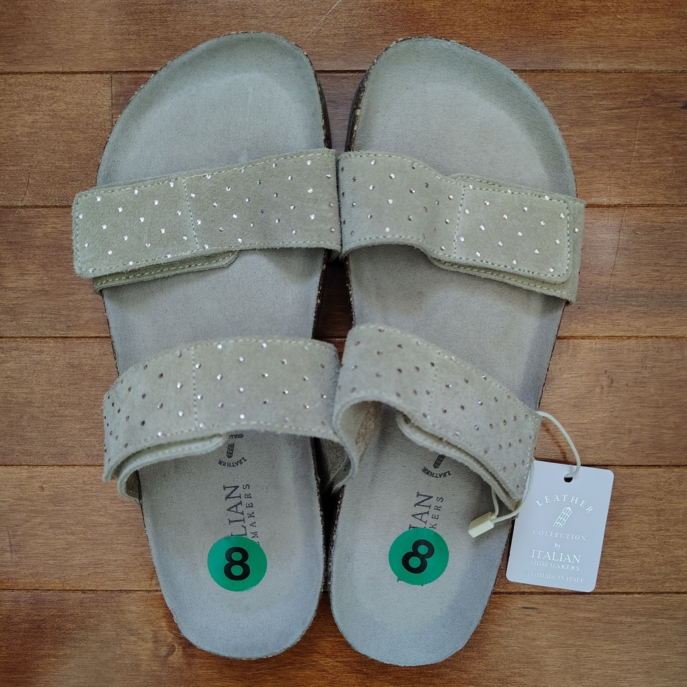 NWT Italian Shoemakers Rhinestone Tan Leather Suede Velcro Slides - Women's 8